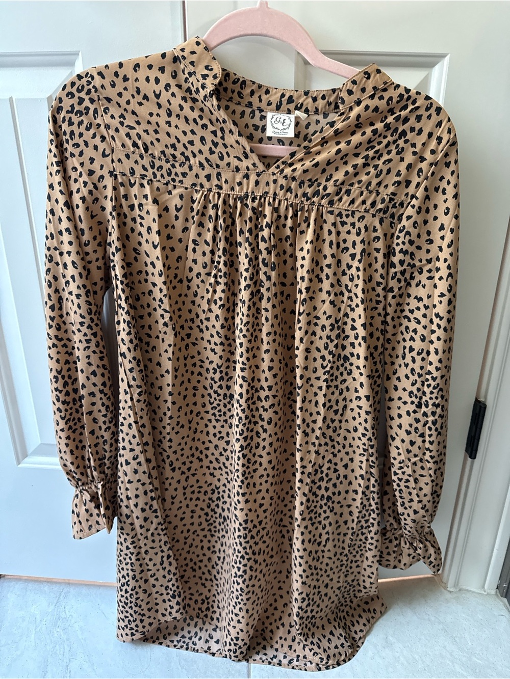 Girls' Tan Leopard Print Long Sleeve Dress/Top